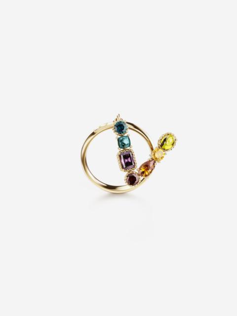 Rainbow alphabet V ring in yellow gold with multicolor fine gems
