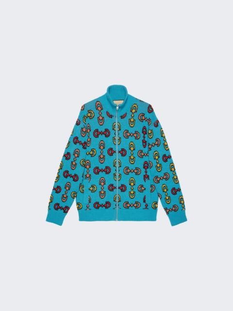GUCCI Horsebit Jacquard Wool Knit Bomber Blue And Yellow