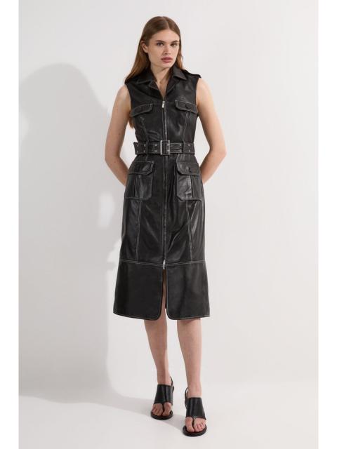 KAREN MILLEN Leather Contrast Stitch Belted Sleeveless Midi Dress