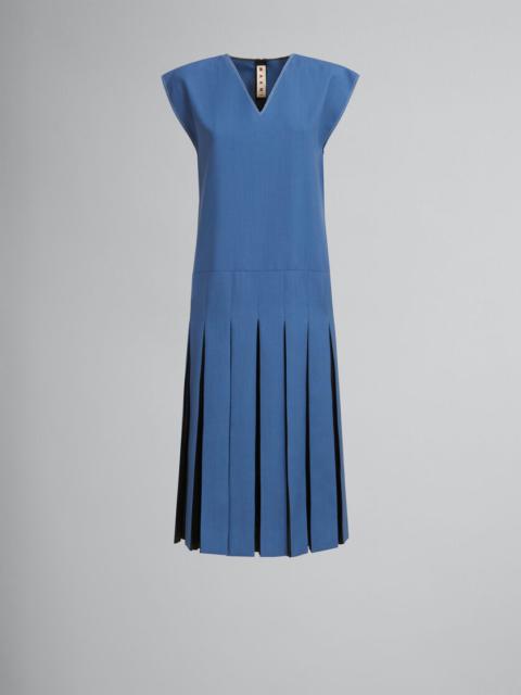 BLUE TROPICAL WOOL DRESS WITH CONTRAST PLEATS