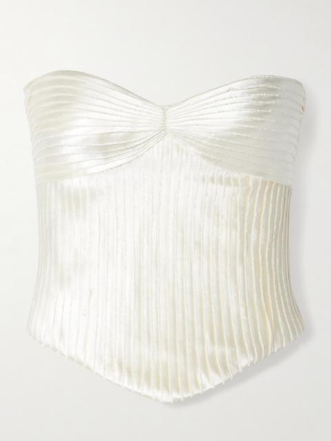 DANIELLE FRANKEL Ella Strapless Frayed Pintucked Silk And Wool-blend Satin Bustier Top