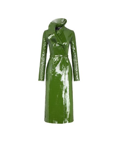 TOM FORD PERFORATED PATENT CALF LEATHER DOUBLE BREASTED TRENCH COAT WITH SELF BELT