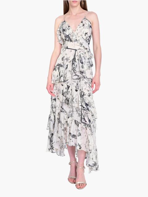 Marchesa PRINTED CHIFFON RUFFLED WRAP SLIP MAXI DRESS