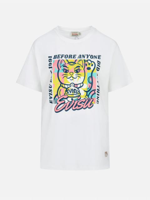 EVISU FORTUNE CAT FLOCKING WITH SLOGAN PRINT BOYFRIEND T-SHIRT