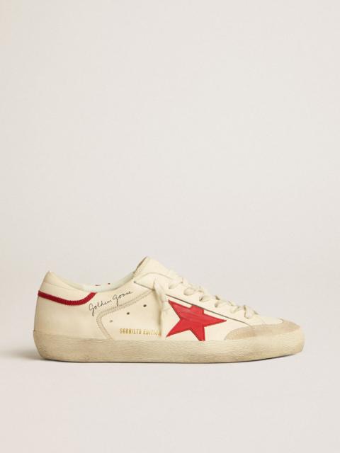 Super-Star LTD in nappa with red leather star and pearl suede toe