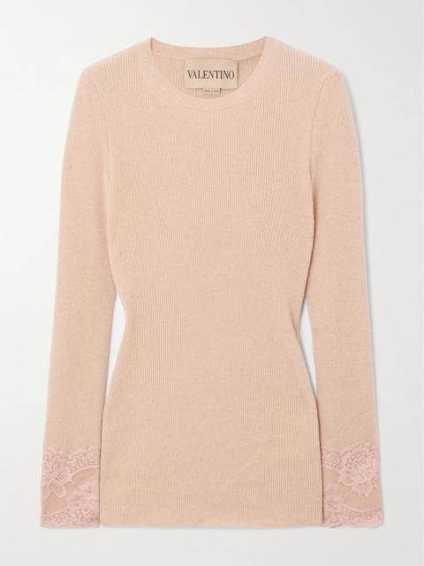 Valentino Lace-trimmed Ribbed Cashmere Top