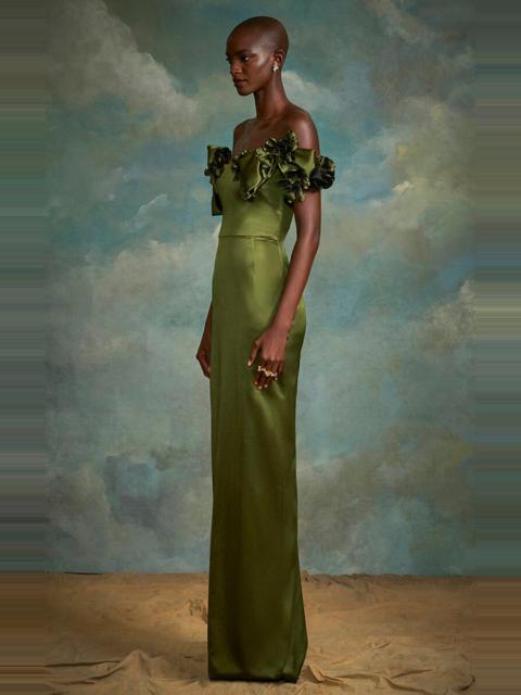 Satin Off-Shoulder Puff Sleeve Maxi Dress green