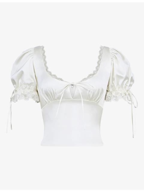 House of CB Elisabetta Puff-Sleeve Lace-Trim Woven Top
