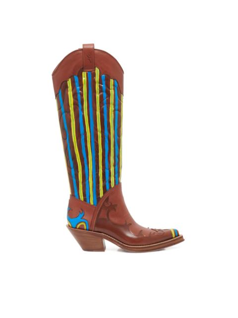 GABRIELA HEARST Hand Painted Capitana Cowboy Boot in Cognac, Blue & Yellow Leather