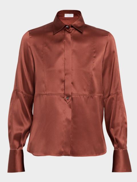 Brunello Cucinelli Stretch Satin Button-Front Blouse