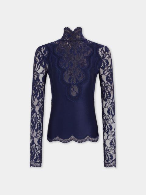 rabanne NAVY LONG-SLEEVE TOP IN LACE AND JERSEY