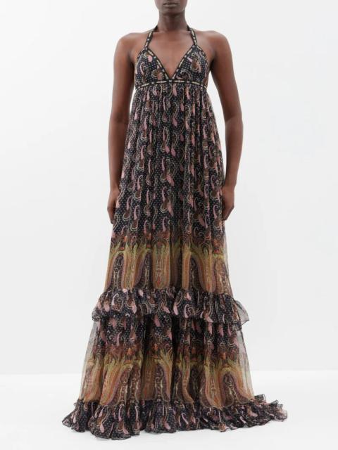 Paisley-print silk-crepe halterneck gown
