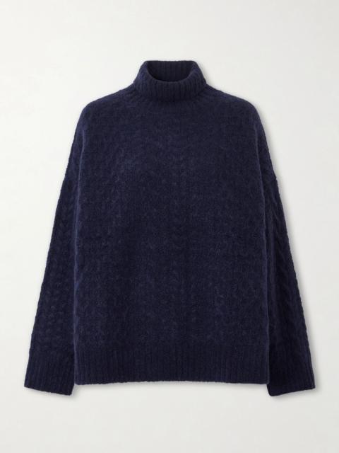 The Elder Statesman Cable-knit cashmere and silk-blend turtleneck sweater Navy