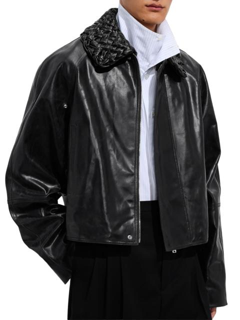 Bottega Veneta Men's Crackled Intrecciato Collar Leather Jacket - Black