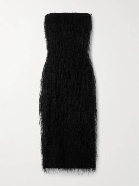 FERRAGAMO Fringed Strapless Voile Midi Dress