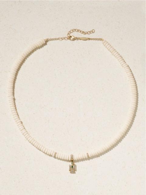 JACQUIE AICHE Thunderbird 14-karat gold, bone, diamond and emerald necklace White
