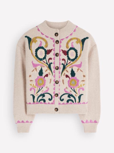 BODEN Jemma Jacquard Knit Cardigan-Oatmeal Melange, Embroidery