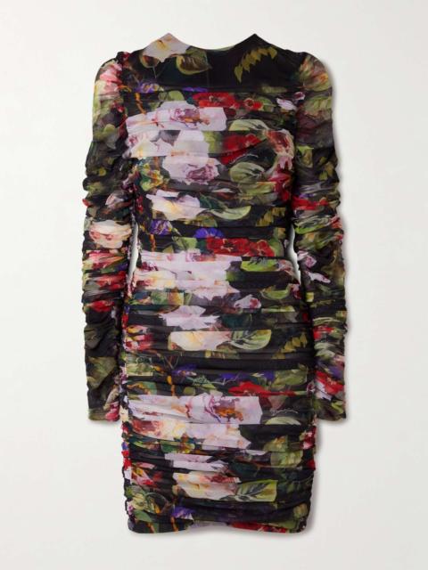 Dolce & Gabbana Ruched floral-print stretch-tulle mini dress