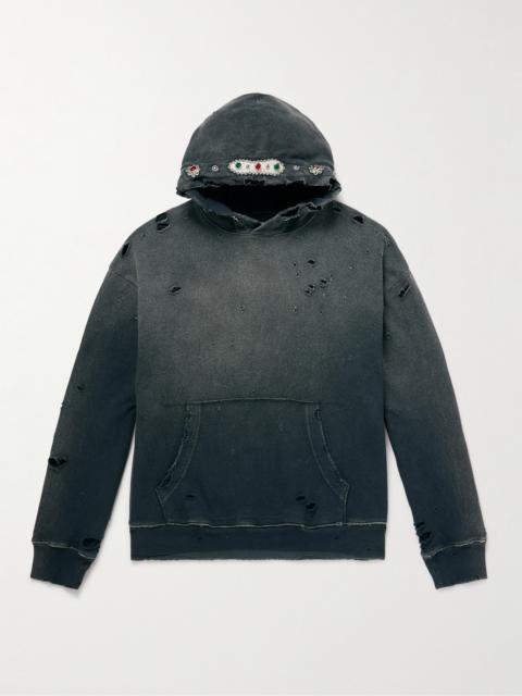 Kapital Embellished Suede-Trimmed Distressed Cotton-Jersey Hoodie
