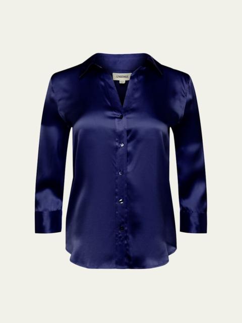 L'AGENCE Dani Silk Satin 3/4-Sleeve Button-Down Blouse