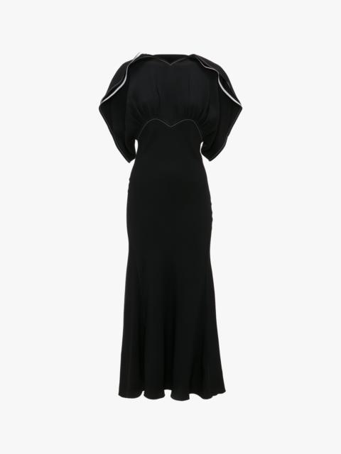 Gathered Short Sleeve Dolman Midi Dress In Black