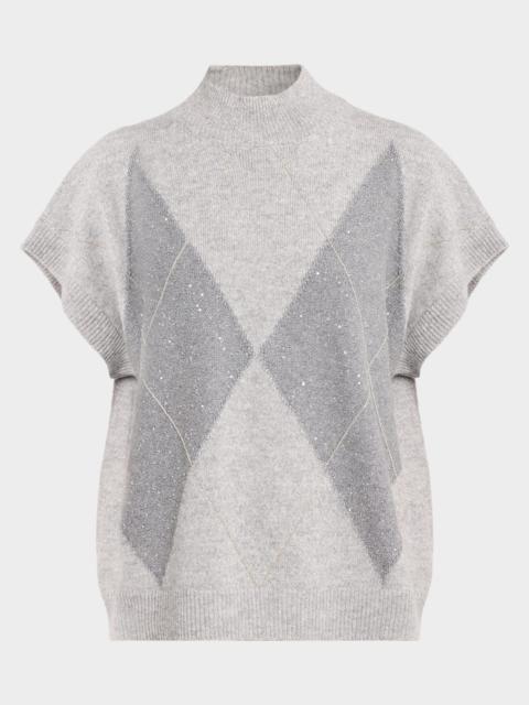 PESERICO Lurex Geometric Jacquard Knit Short-Sleeve Sweater