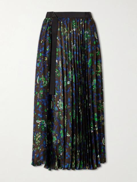 sacai Belted Grosgrain-trimmed Pleated Floral-print Georgette Midi Skirt