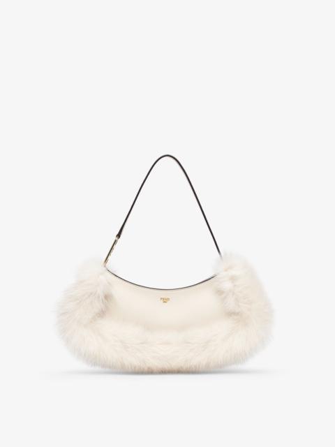 FENDI Pouch made of camellia-colored leather, embellished with tone on tone fox fur and decorated with Fen