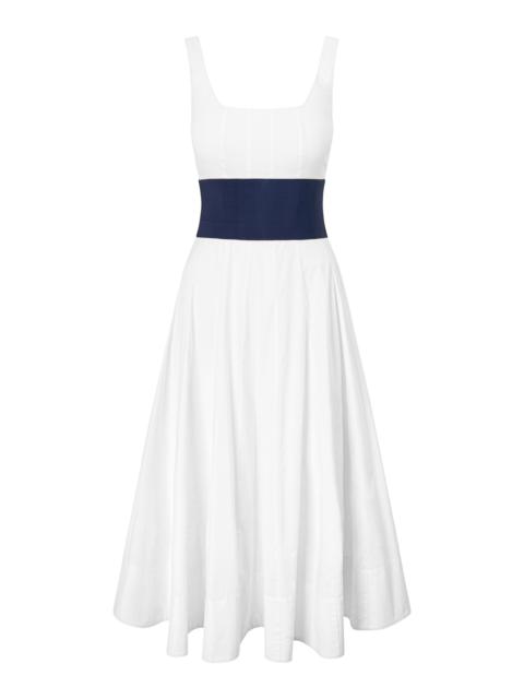 STAUD Rig Denim-Paneled Cotton Poplin Midi Dress navy