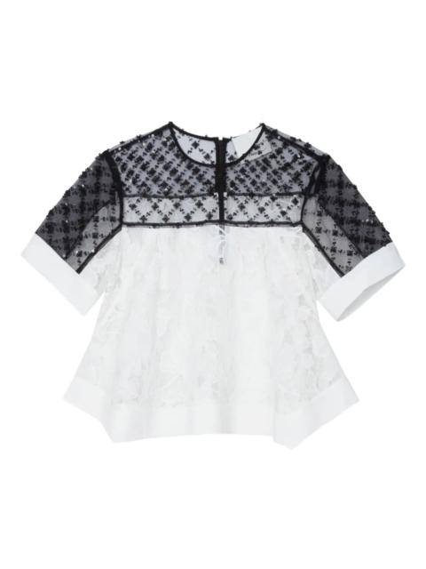 3.1 Phillip Lim Corded Lace Organza Short Sleeve Flounce Top