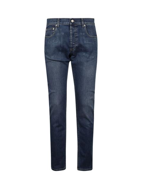 Man's Five Pockets Blue Denim Jeans With Logo
