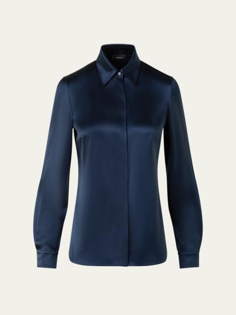 AKRIS Stretch Silk Satin Button-Down Blouse