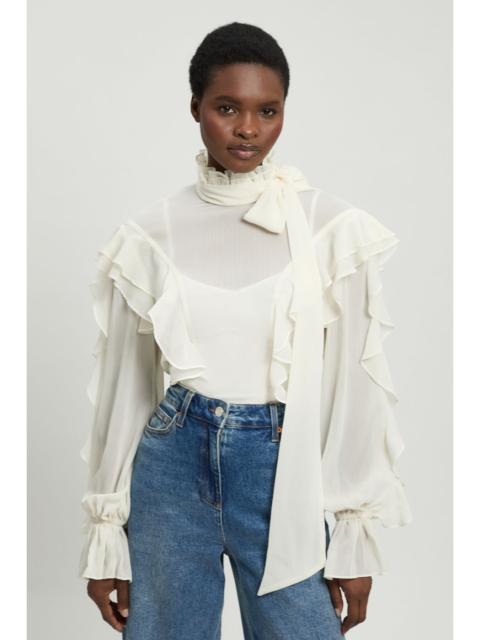 KAREN MILLEN Ruffle Front Crinkle Georgette Pussy Bow Blouse