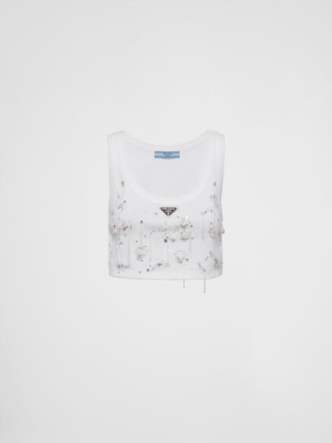 Prada Embroidered ribbed knit jersey top