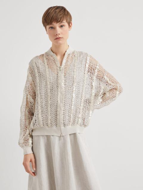 Dazzling striped net embroidery bomber jacket in techno raffia