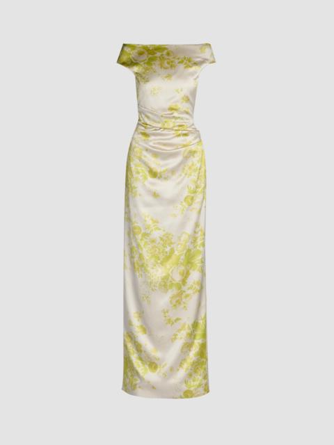 Erdem FLORAL PRINT DUCHESS SLASHED NECKLINE GOWN