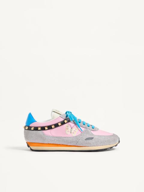 Valentino STUD UP SNEAKER IN SPLIT LEATHER AND NYLON WITH BUTTERFLY EMBROIDERY