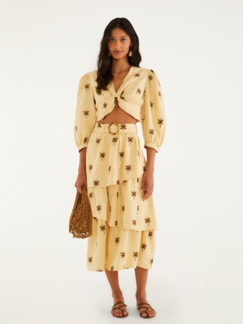 FARM RIO Sand Embroidered Trees Buckled Layered Midi Skirt