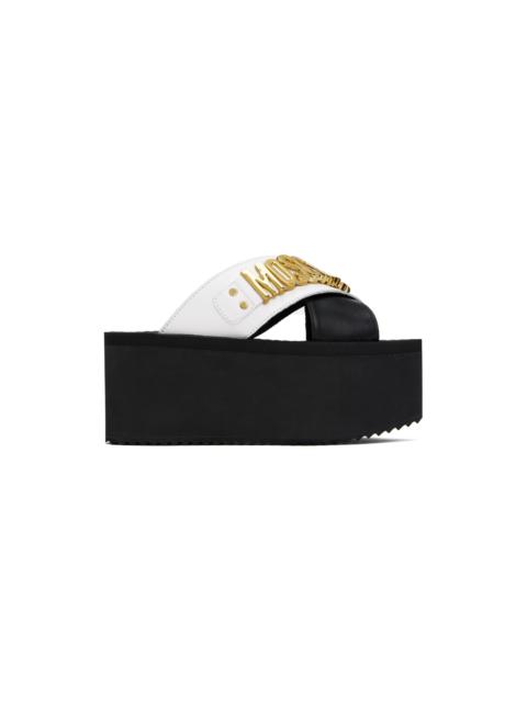 Black & White Lettering Logo Wedge Sandals