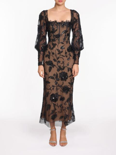 LONG SLEEVE CORSET EMBELLISHED COCKTAIL MAXI DRESS