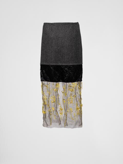 Prada Embroidered cloth and mesh midi-skirt