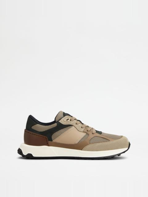 Tod's SNEAKERS IN LEATHER AND FABRIC - BROWN, BEIGE, GREY
