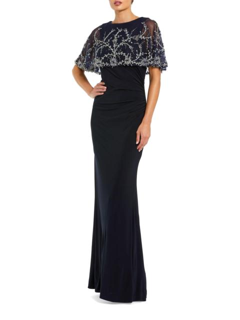 MAC DUGGAL Women's Crystal & Bead-Embellished Capelet Gown - Midnight