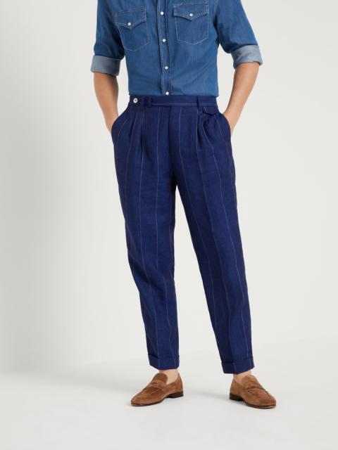 Linen wide chalk stripe leisure fit trousers with double pleats and tabbed waistband