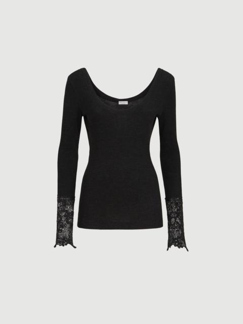 Brunello Cucinelli Ribbed wool jersey sweater with dazzling lace embroidery cuffs