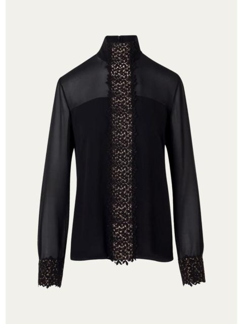 AKRIS Mock-Neck Lace Inset Long-Sleeve Blouse