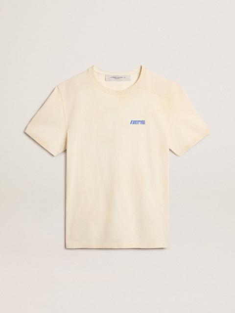 Golden Goose Aged white cotton T-shirt with blue Marathon logo