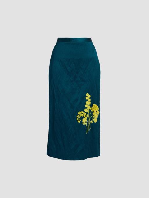 Erdem EMBROIDERED TEXTURED SATIN MIDI PENCIL SKIRT