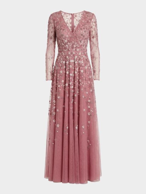 MAC DUGGAL Floral-Embellished Long-Sleeve A-Line Gown