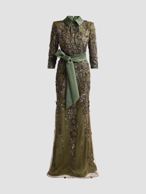 BADGLEY MISCHKA Women's Embellished Sashed Shirtwaist Gown - Olive